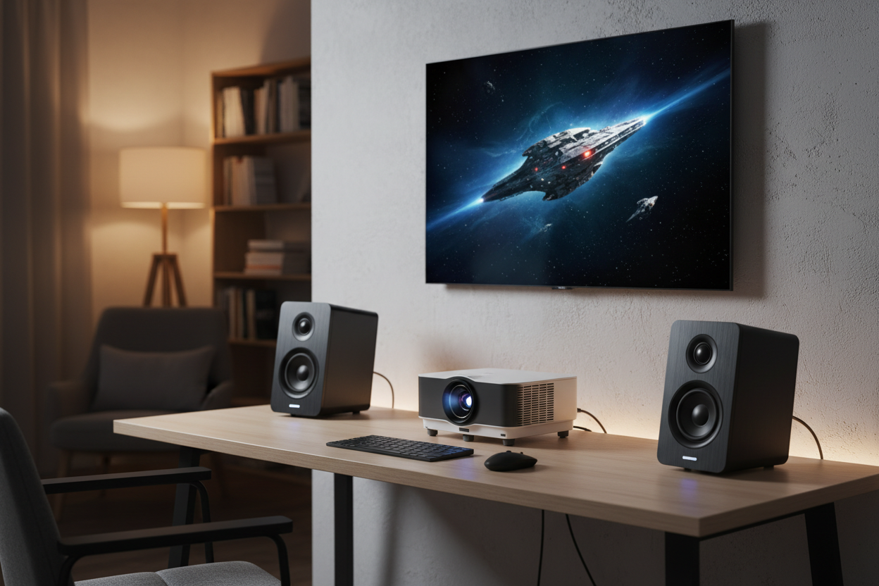 show picture of desk top speakers being used for projector