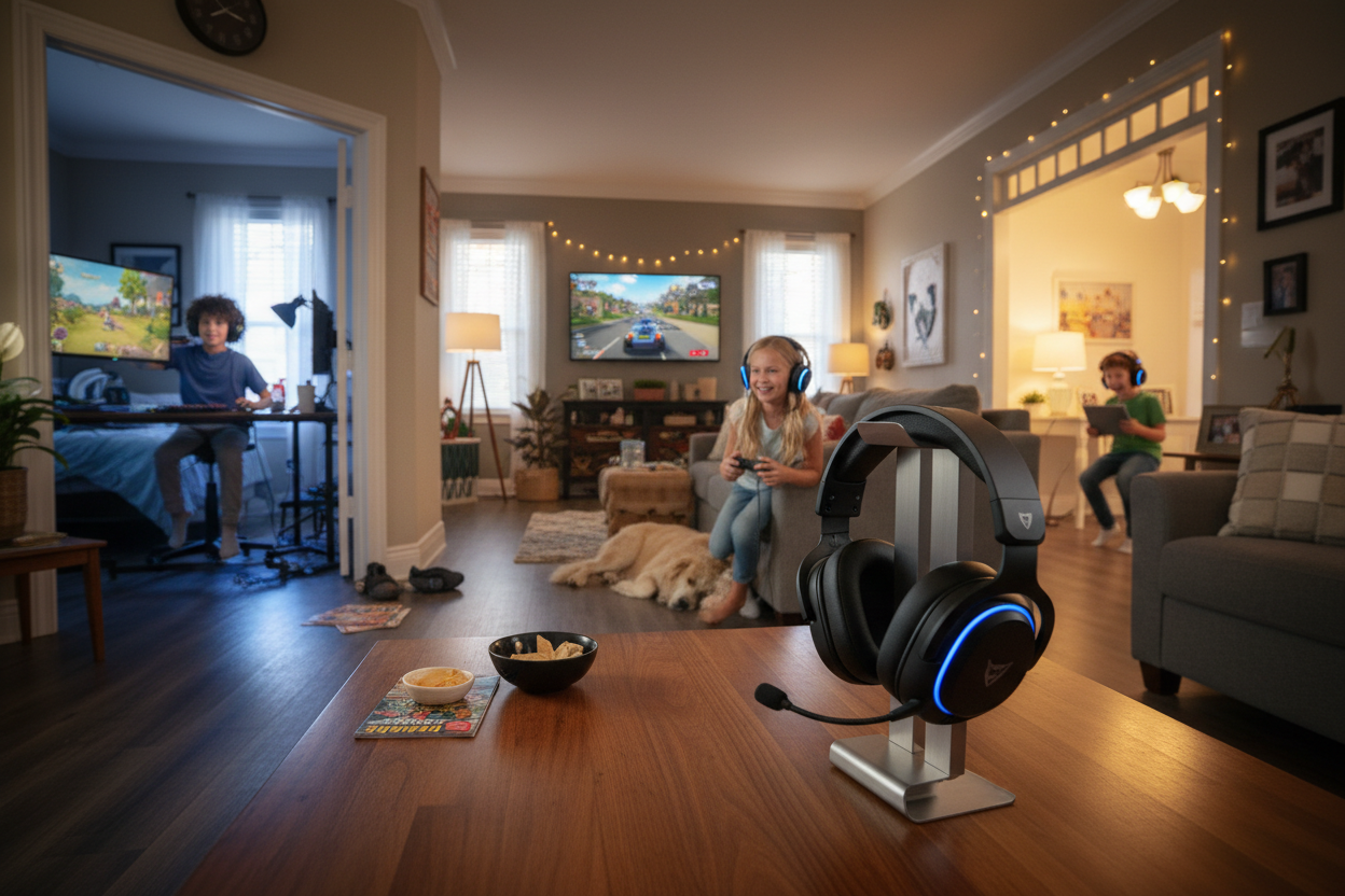 show victory sound pro gaming headphones with small kids playing game at home together in different rooms