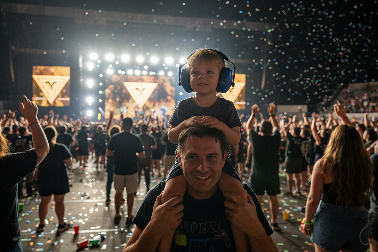 show a child in a loud enviroment using ear phones