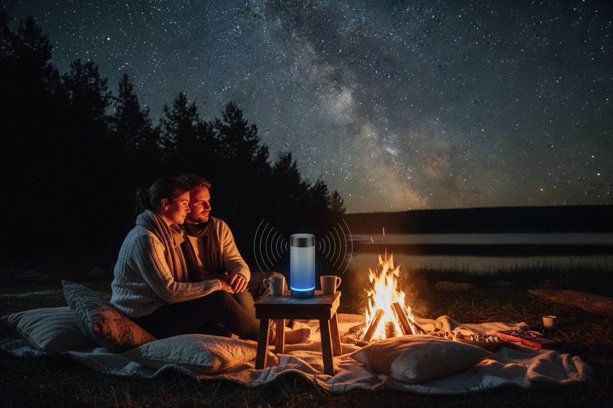 show a couple sitting outside next to a bonefire listening to soundwave 360