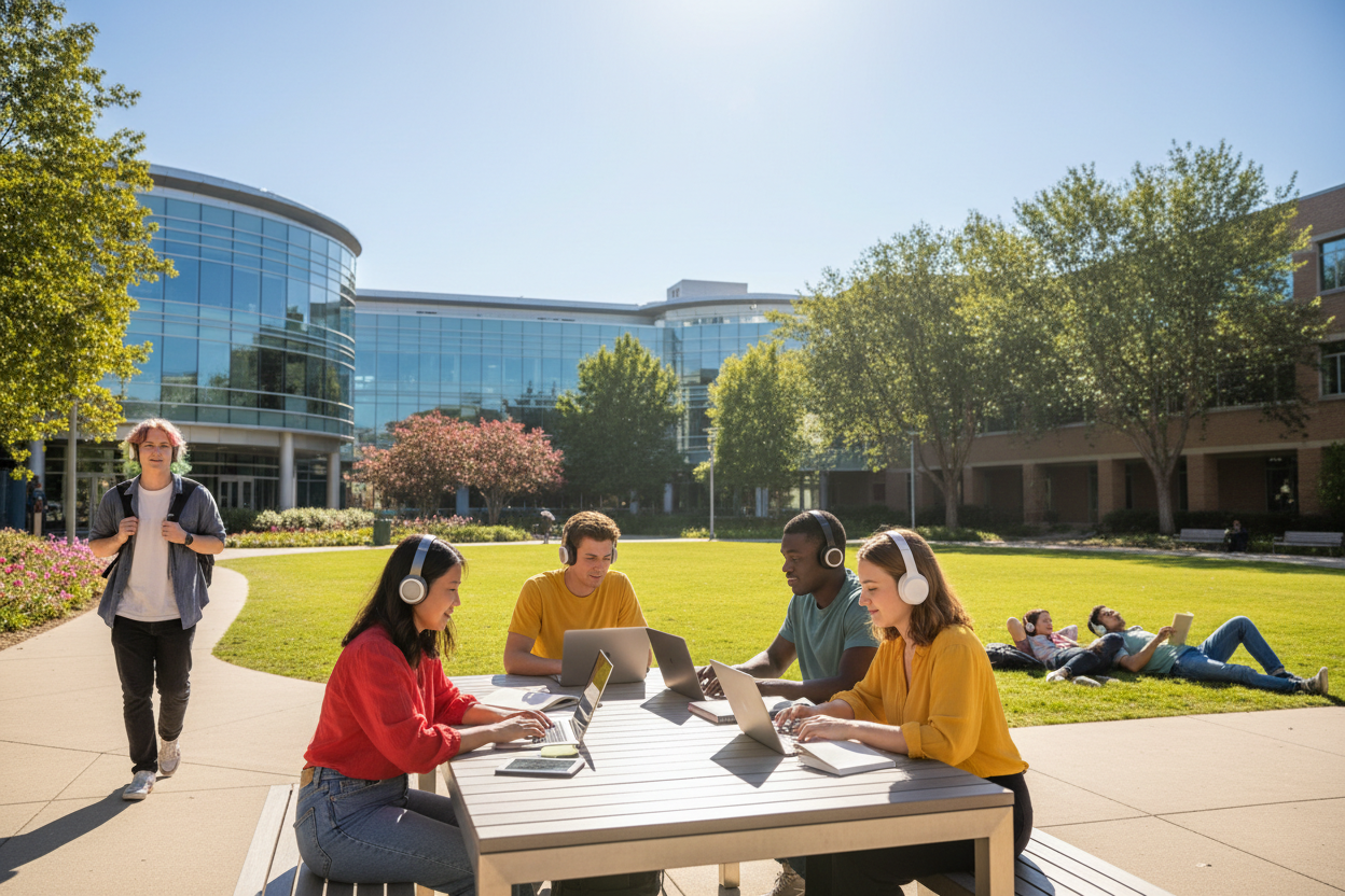 show a diverse group of college kids using the head phones