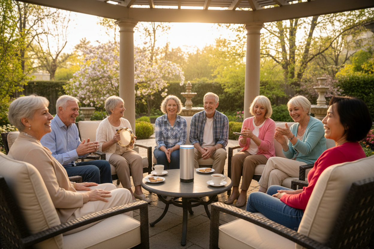 show a diverse group of older people listening to soundwave 360