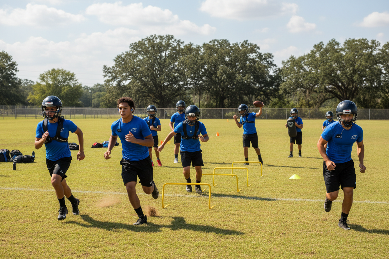 show a diverse group of teen football players training using sports edge ultra sports earbuds