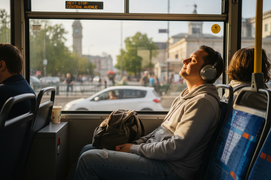 show a person on a bus using ear phones
