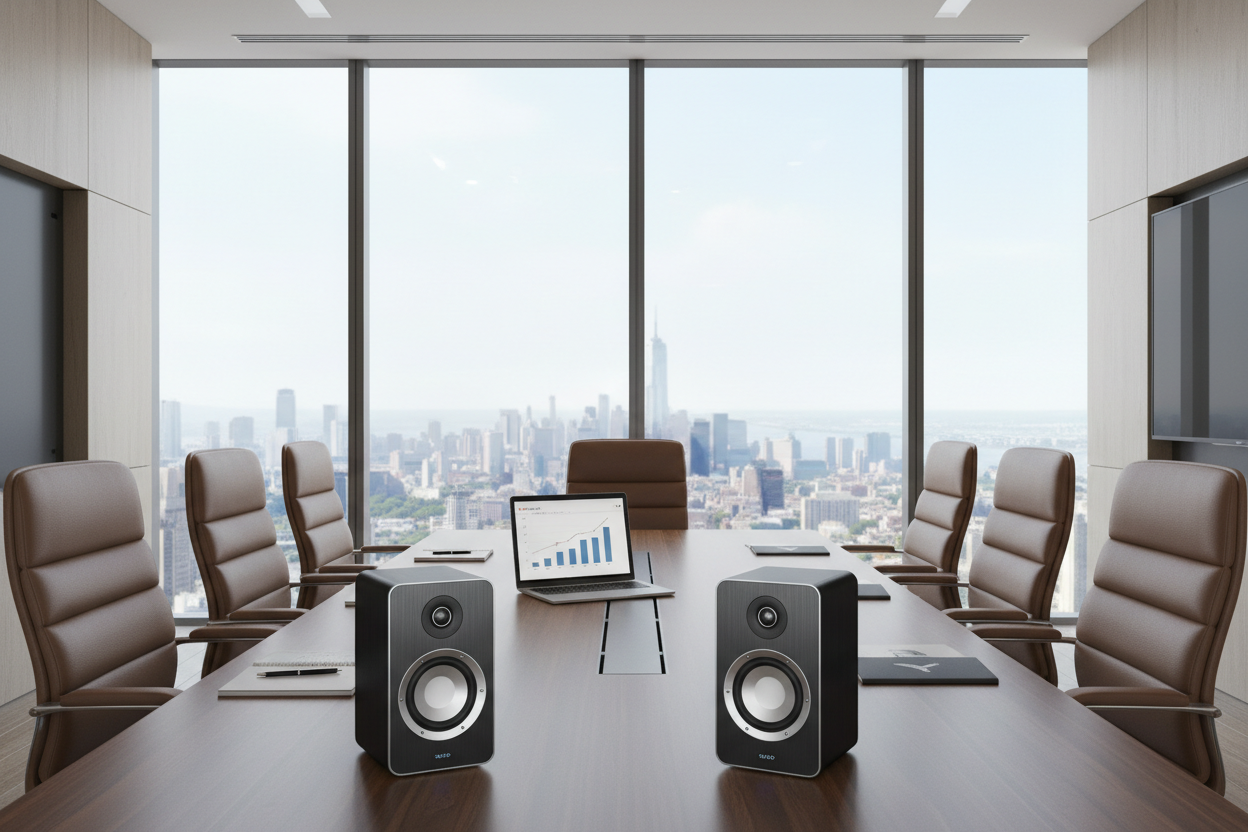show a picture of desk top speakers in a office meeting